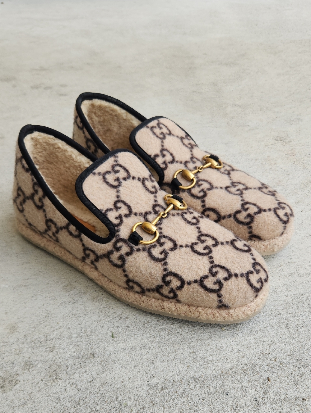 Gucci Covered Wool GG Monogram Mens Fria Horsebit Loafers 7 Beige/Black,US 8